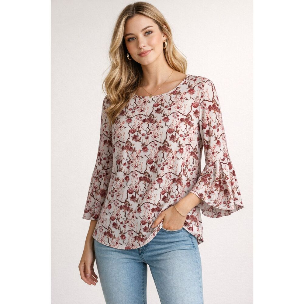 Jane & Delancey Size M White Pink Mauve Floral Boho Blouse 3/4 Sleeve #5